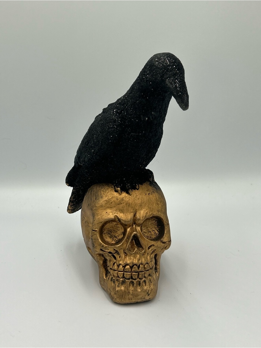 Black Raven on Gold Skull Figurine Halloween
